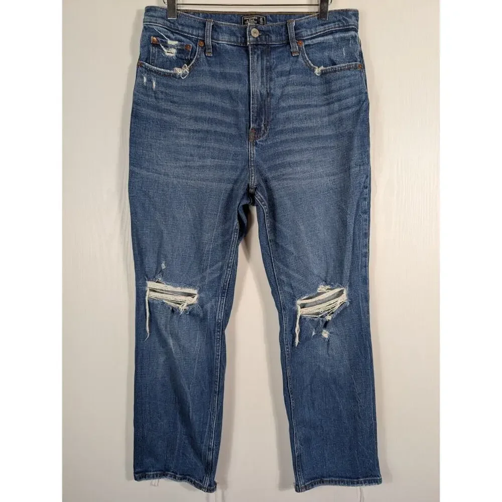 Abercrombie & Fitch Jeans Straight High Rise Distressed Blue Denim Size 31/12R